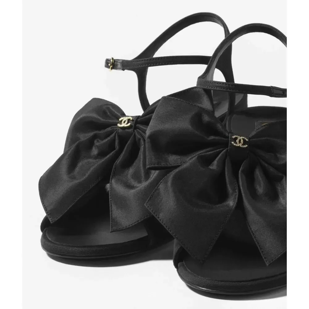Chanel 24A Black Silk Bow Crystal CC Logo Ankle Strap Block Heel Sandals 42 - Picture 7 of 16